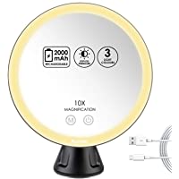 Auxmir Espejo Maquillaje con Luz LED 10X Aumento Espejo Cosmético Iluminoso con Ventosa- 360 Rotación- 3 Luces…